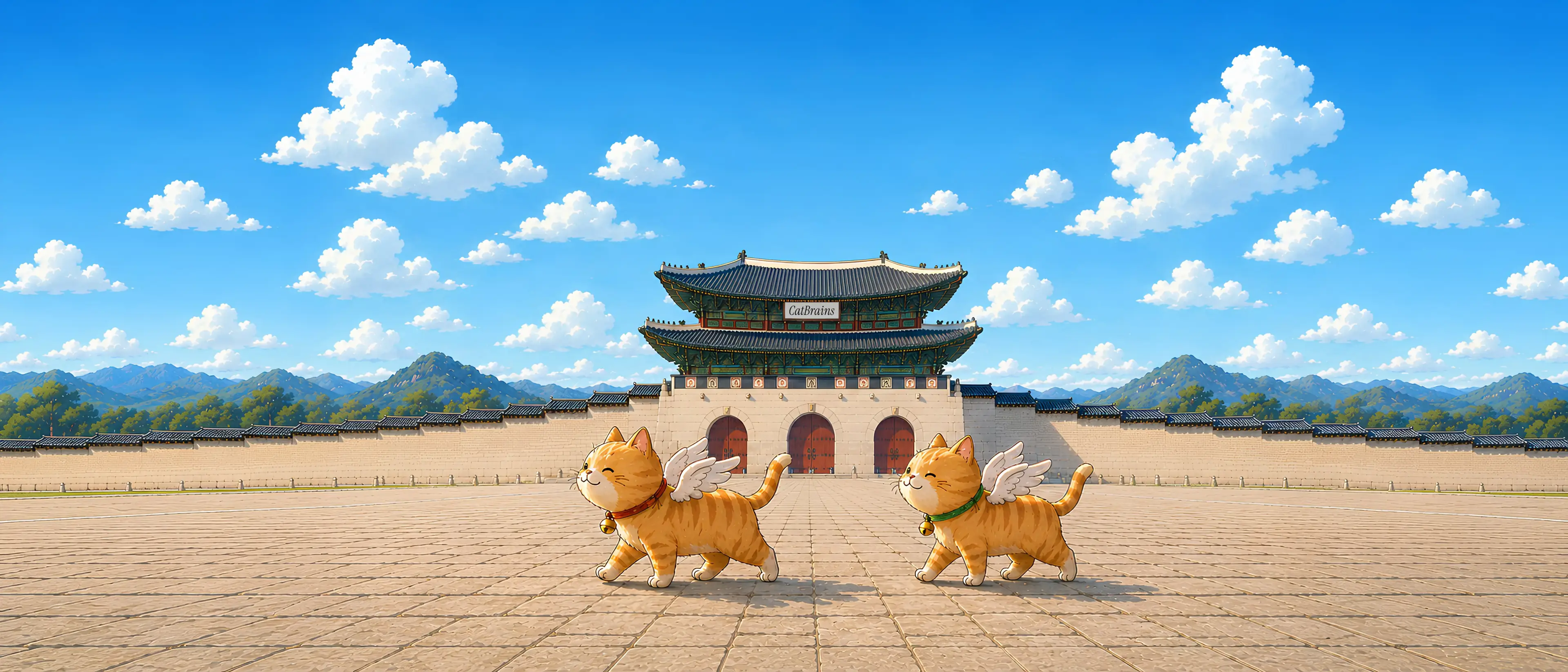 CatBrains — a Korean palace gate with the CatBrains signboard, watched over by two winged cats