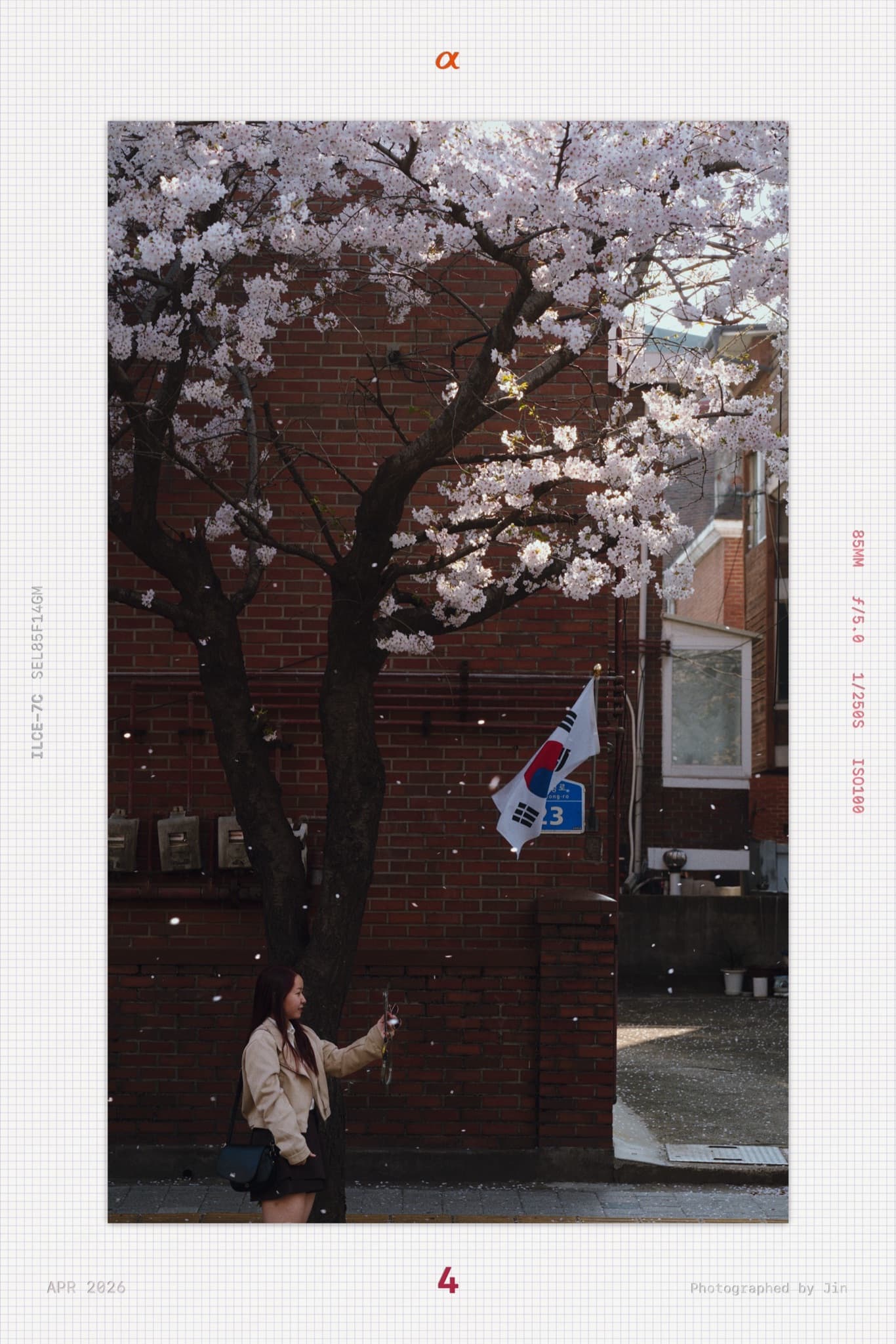 A woman in hanbok beside the Korean flag and a red brick wall